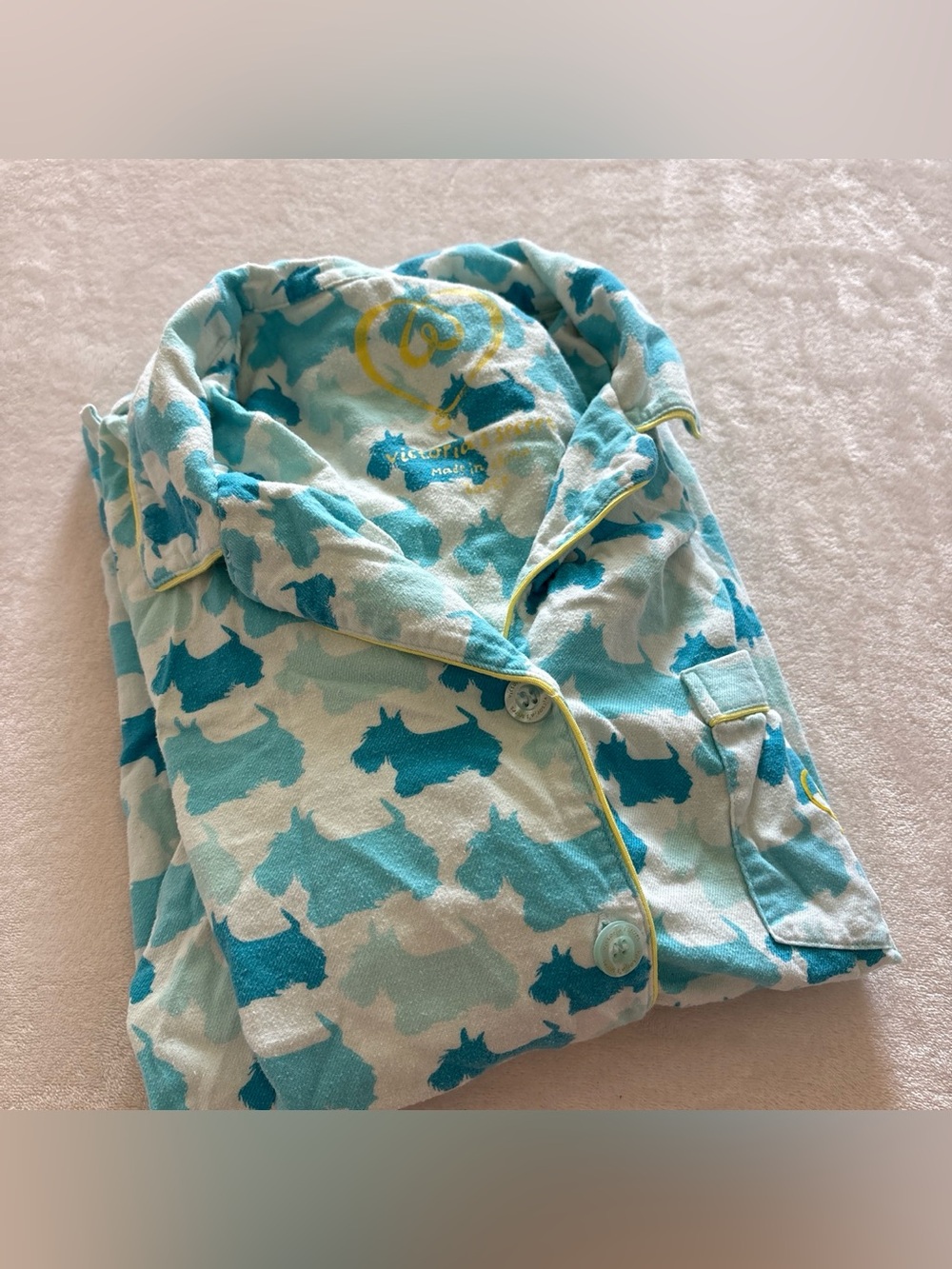 Y2K Victorias Secret Blue Cream Dog Print Pajama Button Up Shirt Large